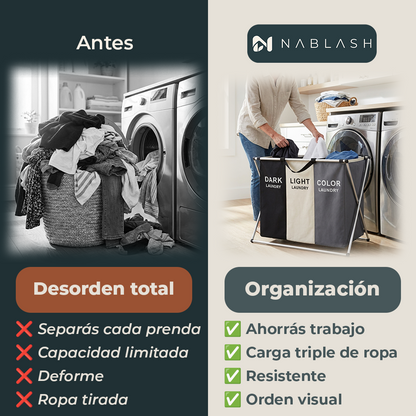 Cesto separador de ropa sucia de 3 compartimentos