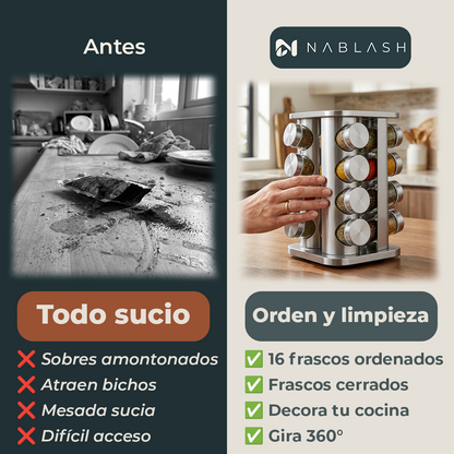 Especiero giratorio cuadrado de 16 frascos