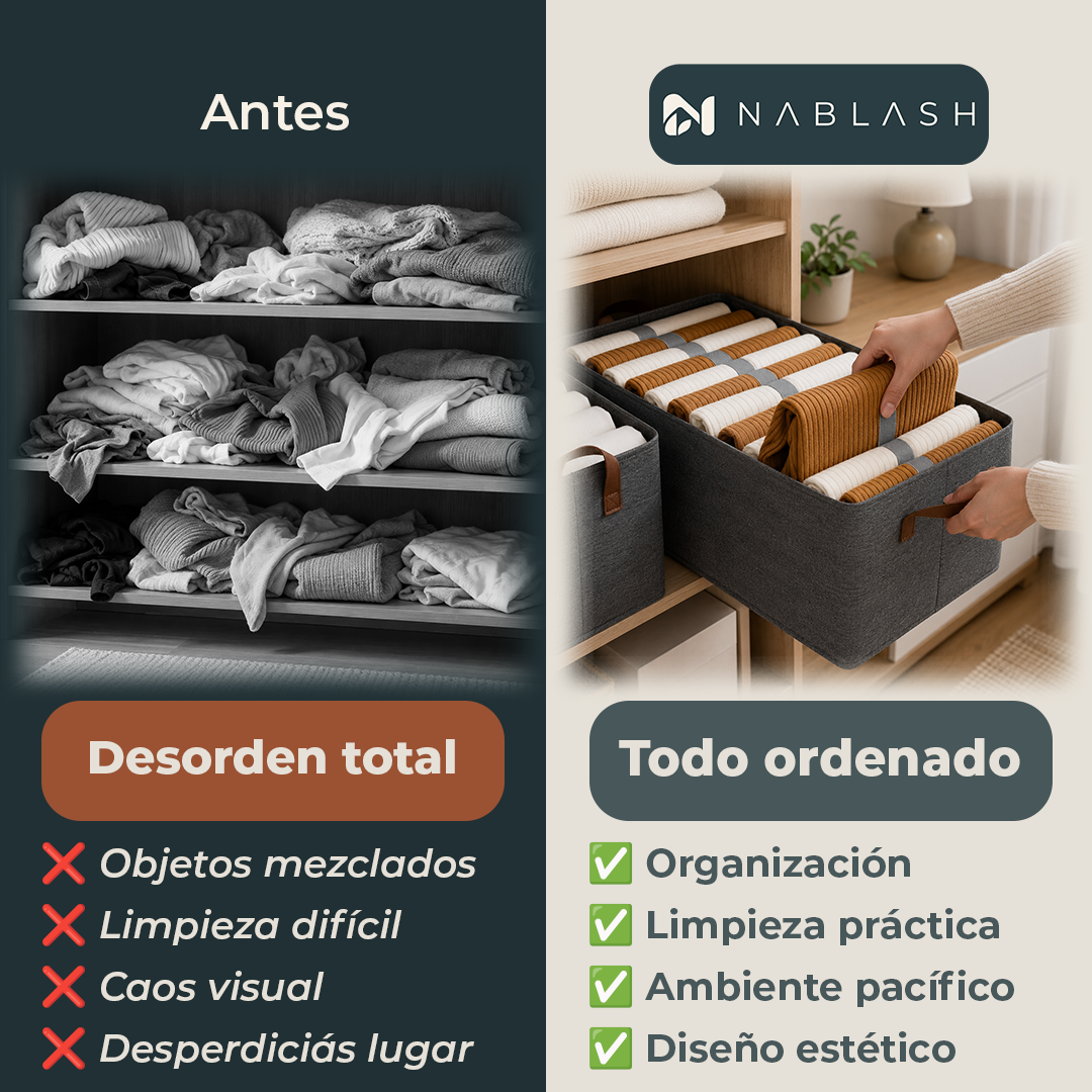Cesto Organizador de Tela con Asas de Cuero - antes y después
